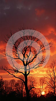 Fiery Sunset with Bare Tree Silhouette