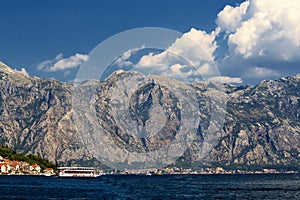 Breathtaking view of  the Boko Kotor Bay of the Rocky Mountains Dinaric Alps  and the Adriatic Sea of Montenegro, soft focus