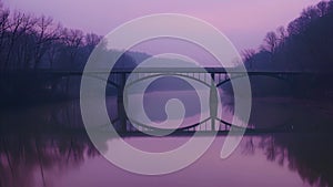 A breathtaking view of a bridge enveloped in a purpletinted sky reflecting its graceful curves onto a calm river below