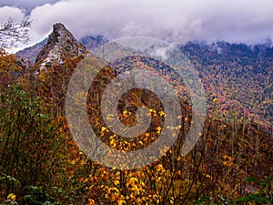 Breathtaking view of Chimney Tops Mountain in fall foliage with dramatic clouds in the Great Smoky Mountains National Park