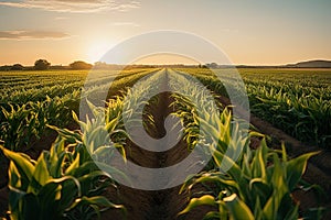 A breathtaking view of a crop field bathed in the soft, warm light of a radiant sunrise