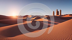 A Breathtaking View Of A Desert With A Few Tall Buildings In The Distance AI Generative