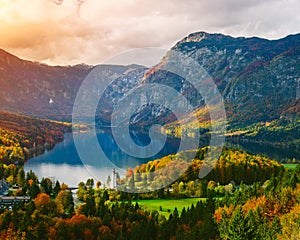 Breathtaking view of the famous Bohinj lake from above