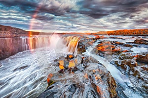 Breathtaking view of fantastic waterfall and cascades of Selfoss waterfall