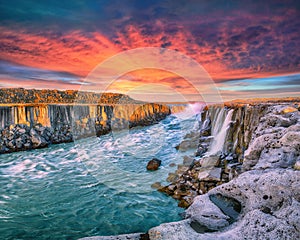 Breathtaking view of fantastic waterfall and cascades of Selfoss waterfall