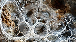 A breathtaking view of fungal hyphae forming a complex weblike structure resembling a masterpiece sculpture. .