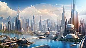 A breathtaking view of a futuristic city with a serene lake in the foreground, The futuristic skyline of a sci-fi metropolis