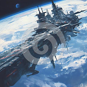 A futuristic spacecraft soars through space, its intricate design and dynamic pose capturing motion and speed, set against a