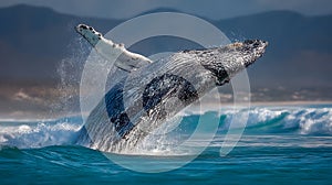 A breathtaking view of a humpback whale breaching the ocean surface with mountains in the background