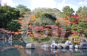 Breathtaking view on japanese garden in autumn. Beautiful maple trees around the pool with big stones