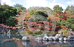 Breathtaking view on japanese garden in autumn. Beautiful maple trees around the pool with big stones.