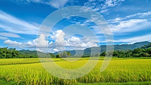 Breathtaking View of Lush Green Rice Field with Blue Sky
