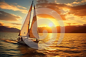 Breathtaking View. Majestic Luxury Yacht Gliding Through the Serene Open Sea at Enchanting Sunset