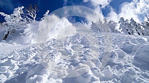 A breathtaking view of a massive snow slide with billowing clouds of powder and tered trees poking through the surface