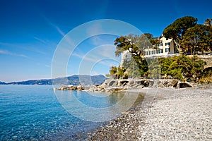 Breathtaking view on Mediterranean sea beach on Liguria region in Italy. Awesome landscape of Zoagli, Cinque Terre and