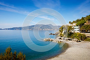 Breathtaking view on Mediterranean sea beach on Liguria region in Italy. Awesome landscape of Zoagli, Cinque Terre and