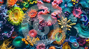 A breathtaking view of a miniature coral reef within a pond with vibrant colors and intricate structures reminiscent of