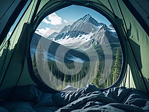 A breathtaking view of a mountain range seen through the opening of a tent