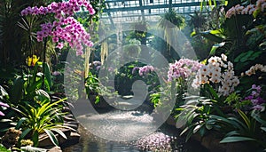 A breathtaking view of an orchid garden, featuring a variety of orchid species in full bloom