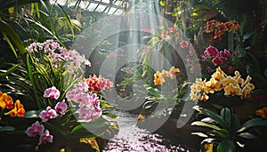 A breathtaking view of an orchid garden, featuring a variety of orchid species in full bloom