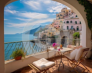 breathtaking view outside a Mediterranean house with open windows and a balcony.