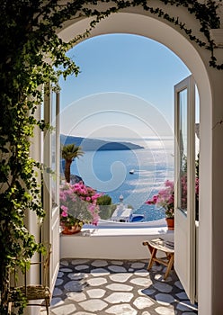 breathtaking view outside a Mediterranean house with open windows and a balcony.