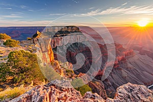 A breathtaking view of the sun slowly descending behind the magnificent Grand Canyon, A breathtaking view of the Grand Canyon at