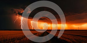 Breathtaking view of thunderstorm at sunset with bolts of lightning crackle through the air. AI generated.