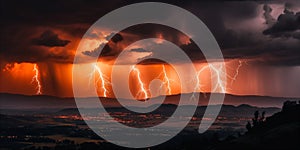 Breathtaking view of thunderstorm at sunset with bolts of lightning crackle through the air. AI generated.