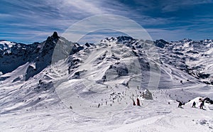 Breathtaking view to the mountains at the Courchevel ski resort in France.