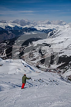 Breathtaking view from the top of the slopes to the Courchevel ski resort.