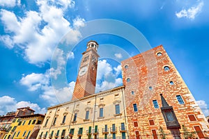 Breathtaking View Torre dei Lamberti clock tower of Palazzo della Ragione palace building in Verona