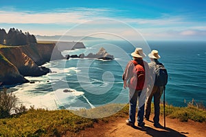 A breathtaking view of two individuals standing on a cliff, taking in the beauty of the vast ocean before them, Senior couple