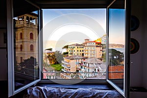 Breathtaking view from window in morning on Liguria region in Italy. Awesome villages of Zoagli, Cinque Terre and