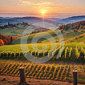 Breathtaking vineyards landscape in South Styria near Gamlitz. Autumn scene of grape hills in popular travell