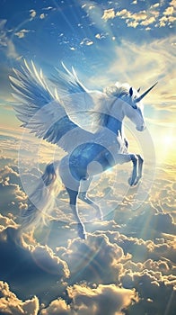 A breathtaking vision as the magnificent Pegasus bursts forth from the clouds, its angelic wings spread wide against the