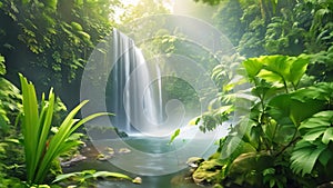 A breathtaking waterfall cascades down in the middle of a lush forest surrounded by vibrant greenery, A hidden waterfall