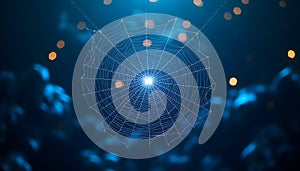 A breathtakingly intricate spiderweb, unlike any other, suspended in a dimly lit space. The