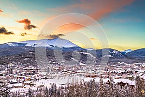 Breckenridge, Colorado, USA ski resort town skyline in winter