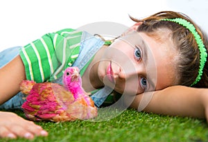 Breeder hens kid girl rancher farmer with chicken chicks