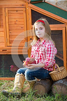 Breeder hens kid girl rancher farmer with chicks in chicken coop