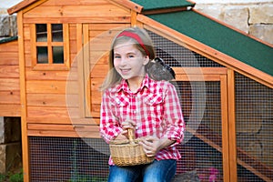 Breeder hens kid girl rancher farmer with chicks in chicken coop