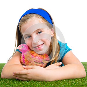 Breeder hens kid girl rancher farmer hug chicken chick