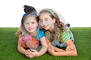 Breeder hens kid sister farmer girls having fun with chicken chi