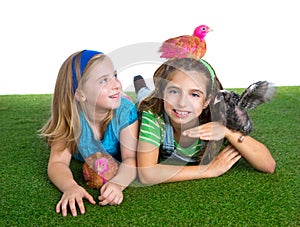 Breeder hens kid sister farmer girls having fun with chicken chi