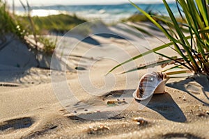A breezy beach scene with seagrass and seashells strewn across the sand.