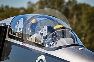 Breitling Jet Team Aero L-39 Albatros plane taxiing after landing on Kleine Brogel Airbase. Belgium - September 14, 2019