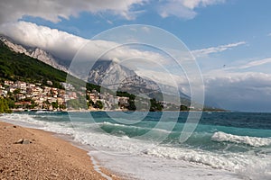 Brela - Idyllic beach Plaza Soline in coastal resort town Brela, the pearl of Makarska Riviera in Dalmatia, Croatia