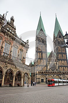 Central market square of Bremen with tram and ancient cathedral. Old historical center with urban transport and medieval building