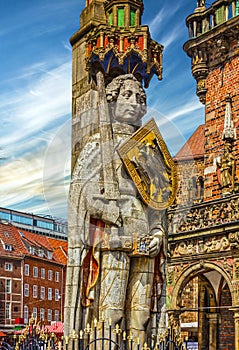 Bremen Market square, Germany. Knight Roland statue on Marktplat